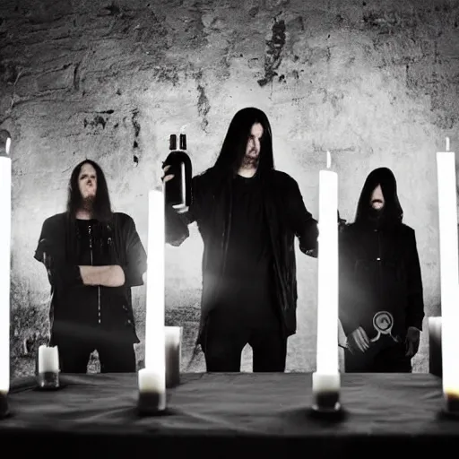 Image similar to swedish black metal band with bright 5 l bottle of beer, all black cyberpunk clothes, futuristic, realistic, promo photograph, epk, in a room full of candles, high quality, highly detailed