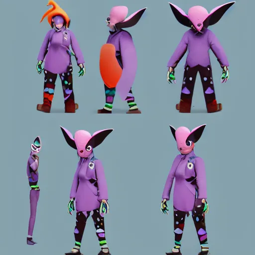 Image similar to character design sheets for a nonbinary gothic manta ray person who sells empty spray paint cans as a scam and is always covered in paint and clay and acting shady, designed by splatoon nintendo, inspired by tim shafer psychonauts 2 by double fine, cgi, professional design, gaming