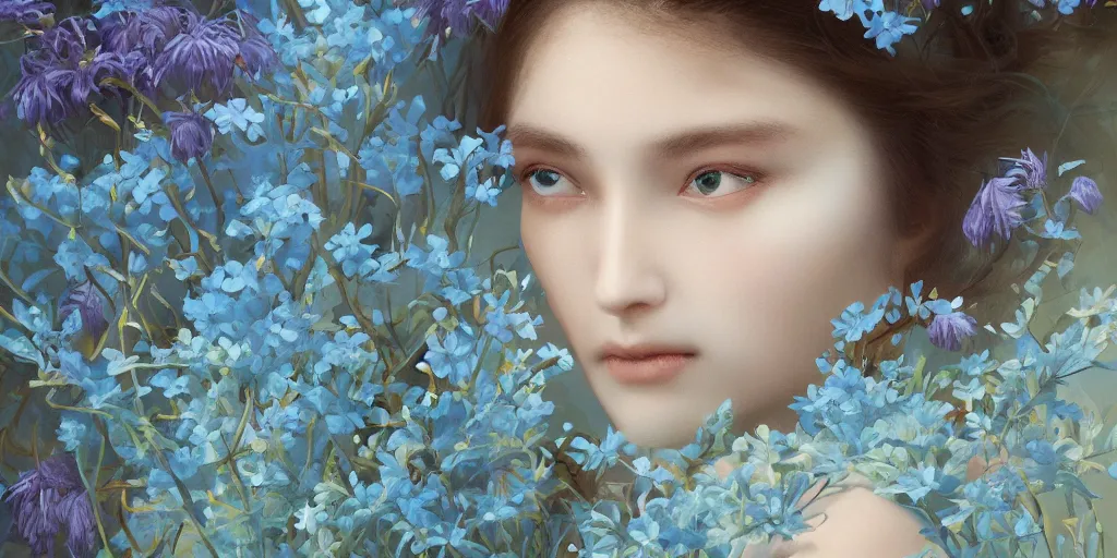 Image similar to breathtaking detailed concept art painting portrait of the hugs goddess of light blue flowers, orthodox saint, with anxious piercing eyes, ornate background, amalgamation of leaves and flowers, by hsiao - ron cheng, extremely moody lighting, 8 k