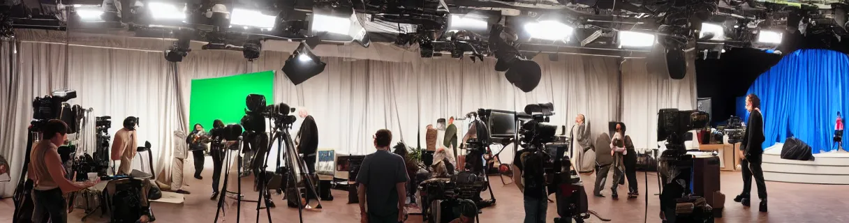 Prompt: photo of a movie set with a single big green screen actors acting, studio, movie set, realistic, studio lighting