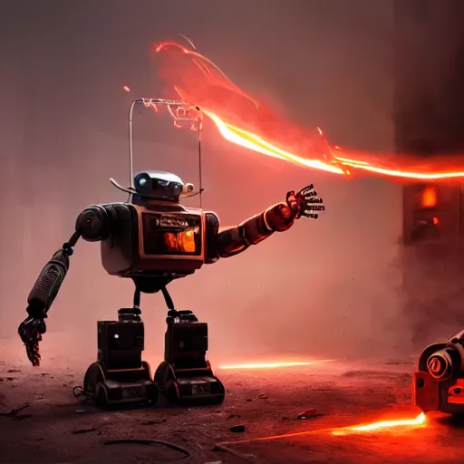 Image similar to toaster oven robot, mechanical, machine, octane render, sharp focus, hyper - realistic, intricate, detailed, eduard pronin, luka mivsek, ruan jia, dark messy smoke - filled cluttered workshop, dark, dramatic lighting, orange tint, sparks, cinematic, highly detailed, sci - fi, futuristic, movie still