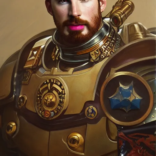 Image similar to full portrait of warhammer 4 0 k chris evans, fantasy, d & d, intricate, detailed, by by alphonse mucha, adolfo hohenstein, alice russell glenny, stanley artgerm lau, greg rutkowski, detailed, trending on artstation, trending on artstation, smooth