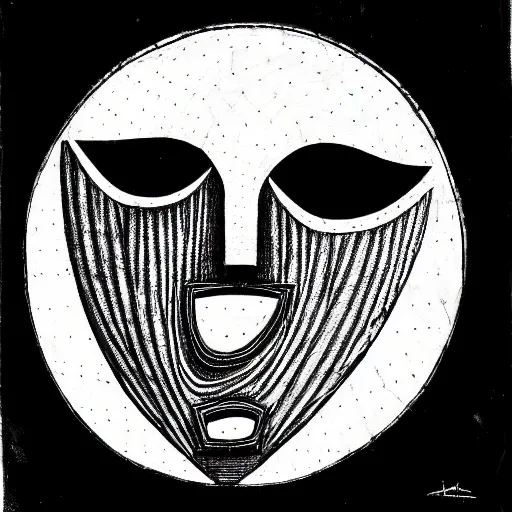 Image similar to an ink drawing of an old dilapidated drama mask, cracked, elaborate detail, shape of a circle, circular shape, white background