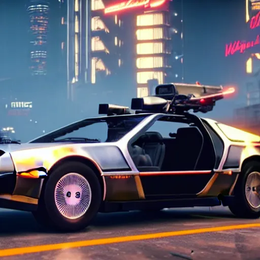 Prompt: flying dmc 1 2 delorean in cyberpunk 2 0 7 7