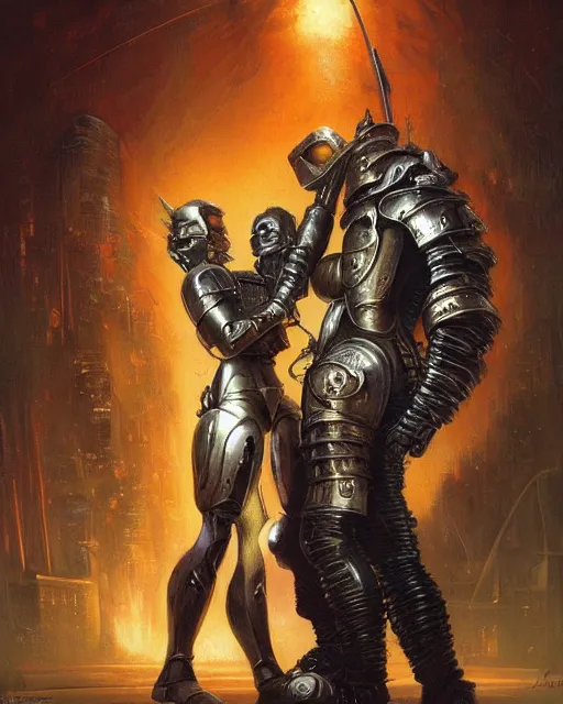 Image similar to a painting of a man in armor holding a woman, cyberpunk art by greg staples and by thomas blackshear and by michael whelan, cgsociety, fantasy art, dystopian art, androgynous, poster art