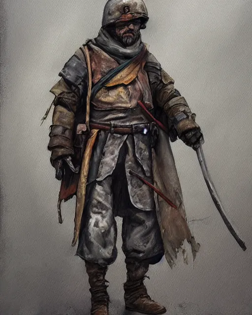 Image similar to a oil / watercolor painting full body character portrait of a homeless soldier / knight in the style of moebius in the style of leonard boyarsky trending on artstation deviantart pinterest detailed photorealistic highlights and shadow hd 8 k post - processing high resolution