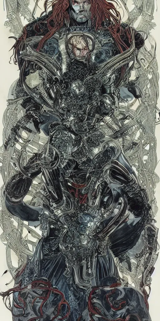 Image similar to a stunning and hypnotic full color art nouveau styled bust portrait of elric as a godlike and stoic chaos king with violent malevolent eyes and intricately detailed black armor by travis charest and michael kaluta, 8k, hyperdetailed