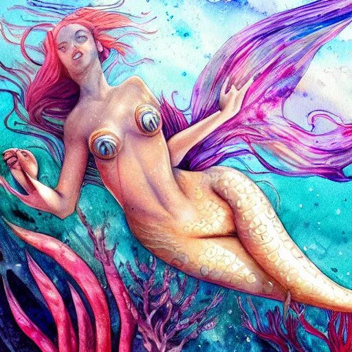 Image similar to watercolor beautiful mermaid swimming underwater, watercolor, hyperdetailed, 4 k, artstation,