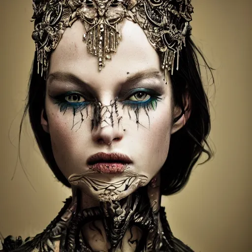 Prompt: a portrait of female model by stefan geselle and nekro borja, photorealistic, intricate details, hyper realistic, dark fantasy, ornate headpiece, photorealistic, canon r 3, photography, wide shot, photography