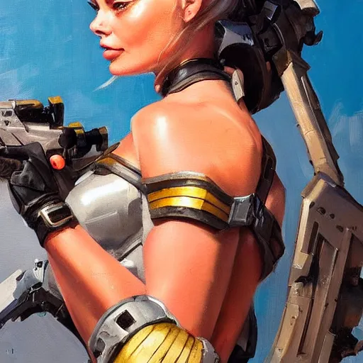 Image similar to greg manchess portrait painting of fully armored and armed margot robbie as overwatch character, close - up shot, asymmetrical, profile picture, organic painting, sunny day, matte painting, bold shapes, hard edges, street art, trending on artstation, by huang guangjian and gil elvgren and sachin teng