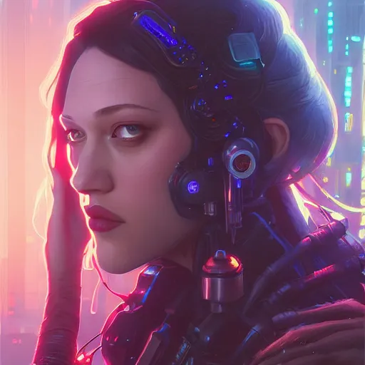 Image similar to highly detailed kat dennings, as a cyberpunk character, stephen bliss, unreal engine, fantasy art by greg rutkowski, loish, rhads, ferdinand knab, makoto shinkai and lois van baarle, ilya kuvshinov, rossdraws, tom bagshaw, global illumination, radiant light, detailed and intricate environment