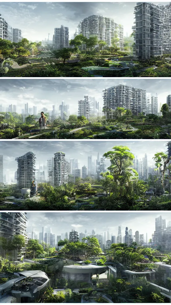 Prompt: 5 - panel comic page layout. 2 characters talking about sustainable futuristic building in a urban setting. ultrarealistic matte painting on white page. the building has many deep and tall balconies covered in plants and trees. thin random columns, large windows, deep overhangs. plants hang from balconies. greeble articulated details with plants. 8 k, uhd.