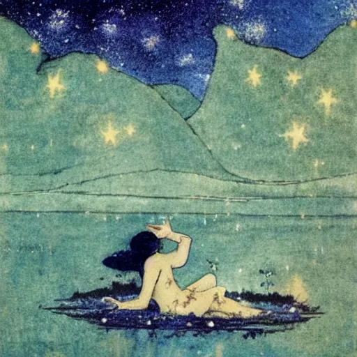 Prompt: a fairy bathing in the lake under the starry sky, magical atmosphere, by edmund dulac