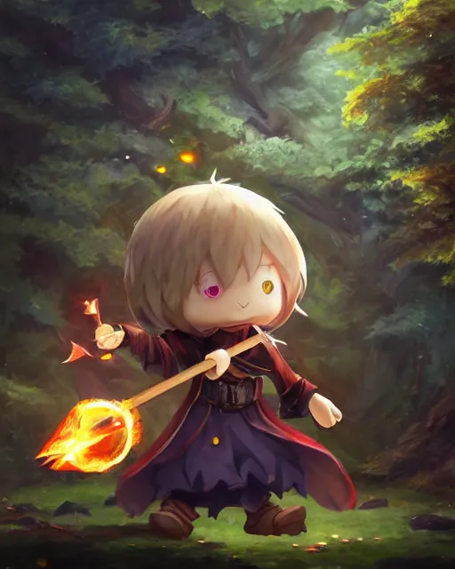 Prompt: oil painting of a MapleStory mage, cute chibi, attacking, casting a spell with a spear, wearing long magical robes, sharp focus, fantasy style, octane render, volumetric lighting, 8k high definition, by greg rutkowski, highly detailed, trending on artstation, magic the gathering artwork, magical forest background from MapleStory, centered