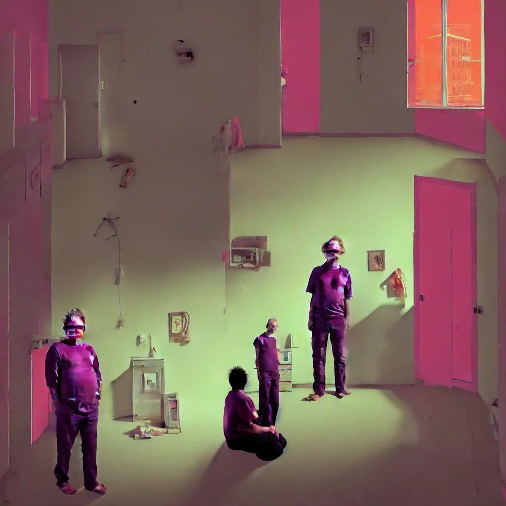 Image similar to weird and disturbing portrait of todd solondz standing alone in an empty appartment, vivid colors, neon, art by gregory crewdson, ( ( ( kuvshinov ilya ) ) ) and wayne barlowe and francis bacon and artgerm and wlop and william - adolphe bouguereau