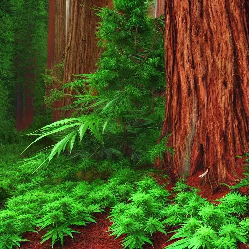 Prompt: of marijuana plants instead of coastal redwood trees in the redwoods forest in california, 4 k photorealism hd