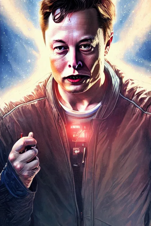 Image similar to elon musk as marty mcfly getting out of delorean, realistic portrait, symmetrical, highly detailed, digital painting, artstation, concept art, smooth, sharp focus, illustration, cinematic lighting, art by artgerm and greg rutkowski and alphonse mucha