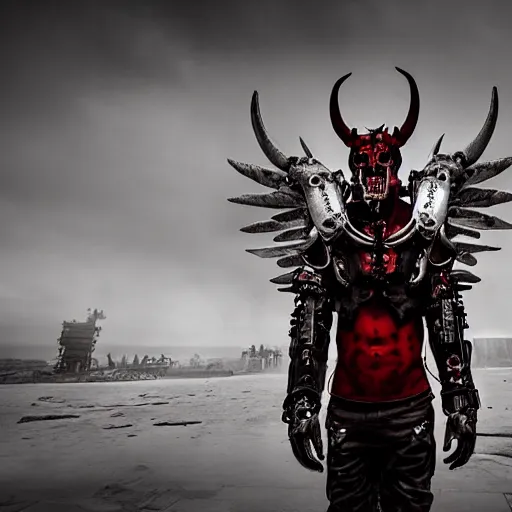 Prompt: mechanical steampunk cyborg devil red skin satan horns with white! angel wings flames and fire photography by david yarrow concept art greg rutkowski