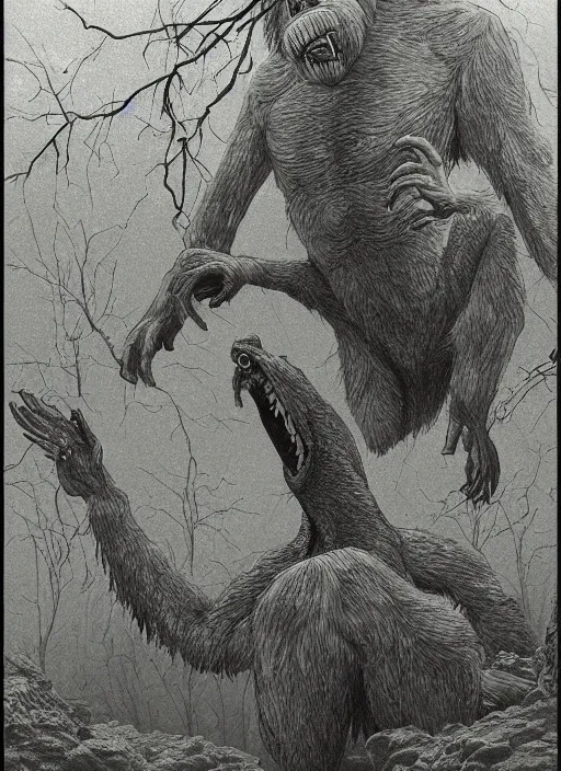 Prompt: Marc Simonette, bigfoots pulling a women underwater, trees, ultra detailed, creepy