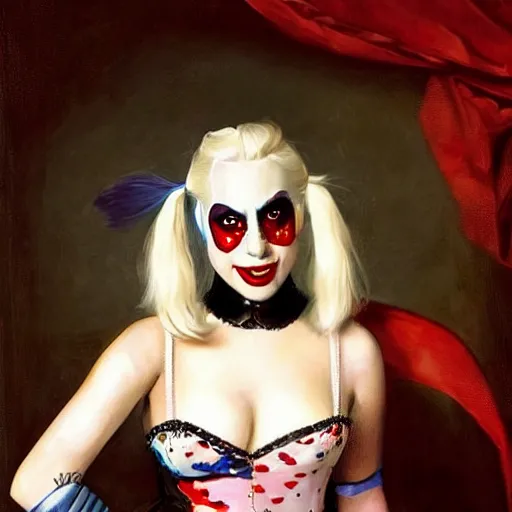 Prompt: a potrait of lady gaga as harley quinn. by rembrandt 1 6 6 7, illustration, by konstantin razumov