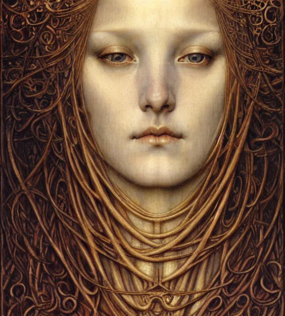 Image similar to detailed realistic beautiful young medieval queen face portrait by jean delville, gustave dore and marco mazzoni, art nouveau, symbolist, visionary, gothic, pre - raphaelite. horizontal symmetry