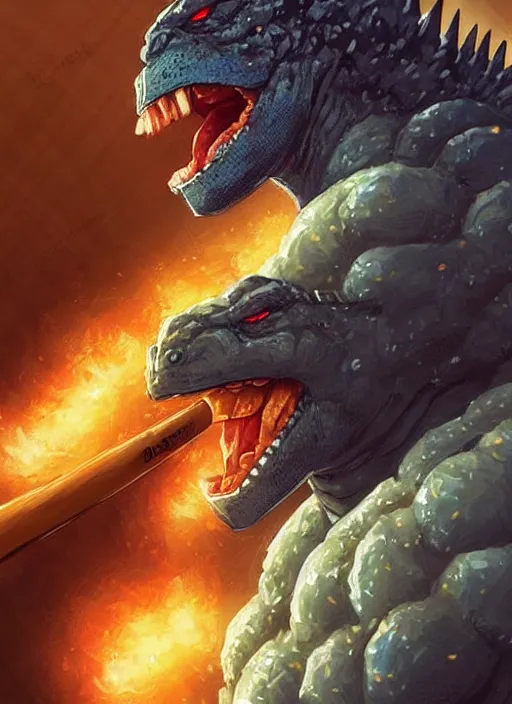 Prompt: beautiful portrait of Godzilla eating a beef and bean burrito from chipotle. character design by charlie bowater, ross tran, artgerm, and makoto shinkai, detailed, inked, western comic book art