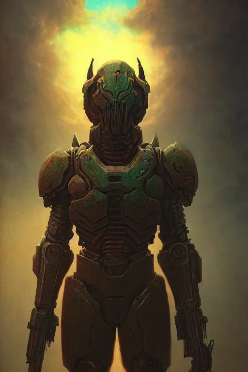 Image similar to portrait of doom slayer wearing his armor, heroic pose, by Zdzislaw Beksinski, id software, gothic, amazing details, volumetric lighting, 8k, cold hue's, warm tone gradient background