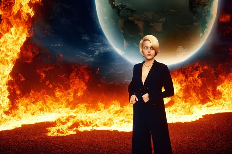 Image similar to a moody photograph of a confident caucasian woman in her 6 0's with short blonde hair wearing a tailored yellow suit standing against a backdrop of the planet earth engulfed in flames. photograph by annie leibowitz, cinematic lighting, sci fi, futuristic