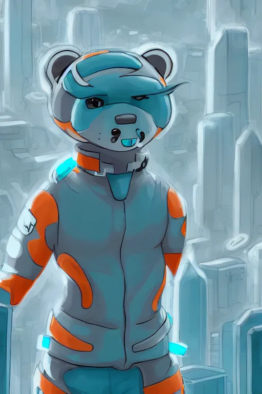 Image similar to photo of a cute male gray turquoise white orange otter fursona wearing tight futuristic clothes a city, fantasy, paws, 8 k resolution, hyper detailed, character design