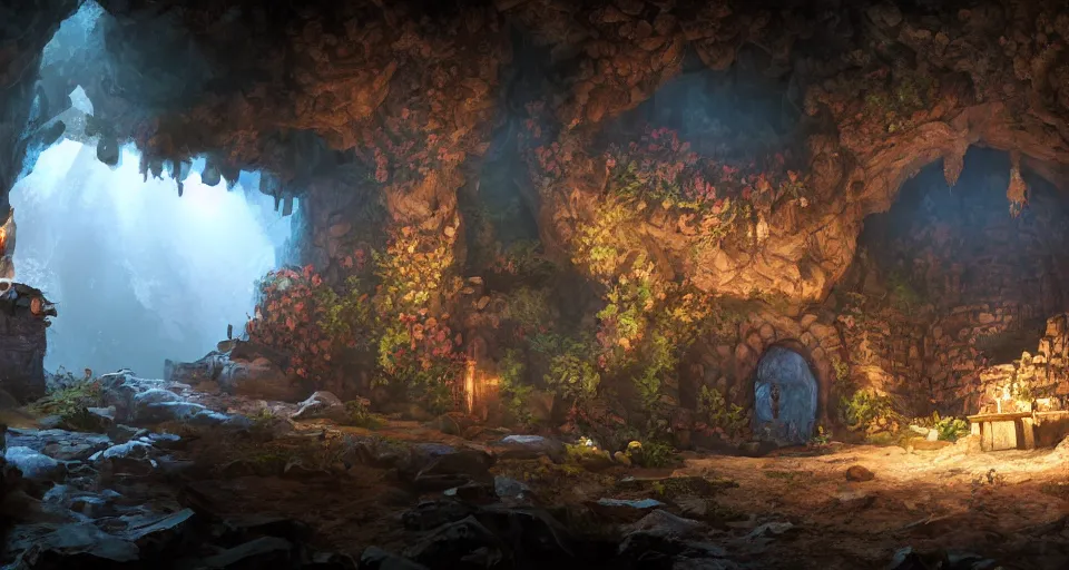 Prompt: An epic fantasy comic book style landscape painting of a thieves den hidden inside a cavern, unreal 5, DAZ, hyperrealistic, octane render, dynamic lighting