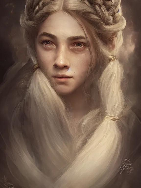 Prompt: a ultradetailed beautiful portrait of a very charismatic dwarf women from tolkien with a beautiful braided beard, high resolution 4 k, by tom bagshaw, greg rutkowski, charli bowater