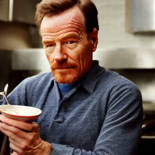 Prompt: bryan cranston eating soup, hd 4k photo