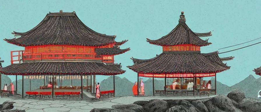 Prompt: a beautiful simple interior 4 k hd wallpaper illustration of small roasted string hotpot restaurant restaurant, from china, wallpaper with pagoda and mountain, fine simple delicate structure, chinese style, simple style structure decoration design, victo ngai, 4 k hd