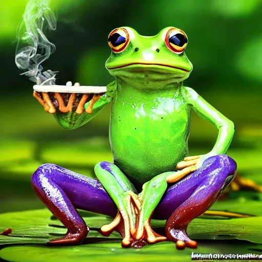 Image similar to humanoid frog sitting cross legged on a lilly pad playing a banjo and smoking a mushroom