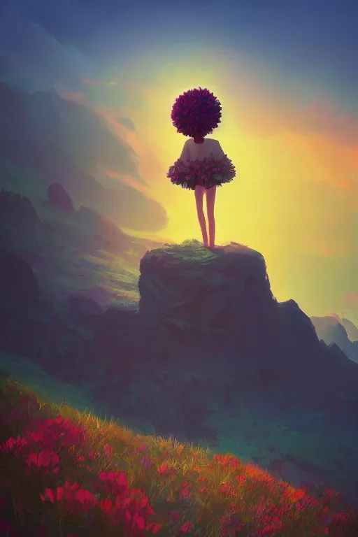 Image similar to closeup, giant flower head, girl standing on cliff, surreal photography, sunrise, blue sky, dramatic light, impressionist painting, digital painting, artstation, simon stalenhag