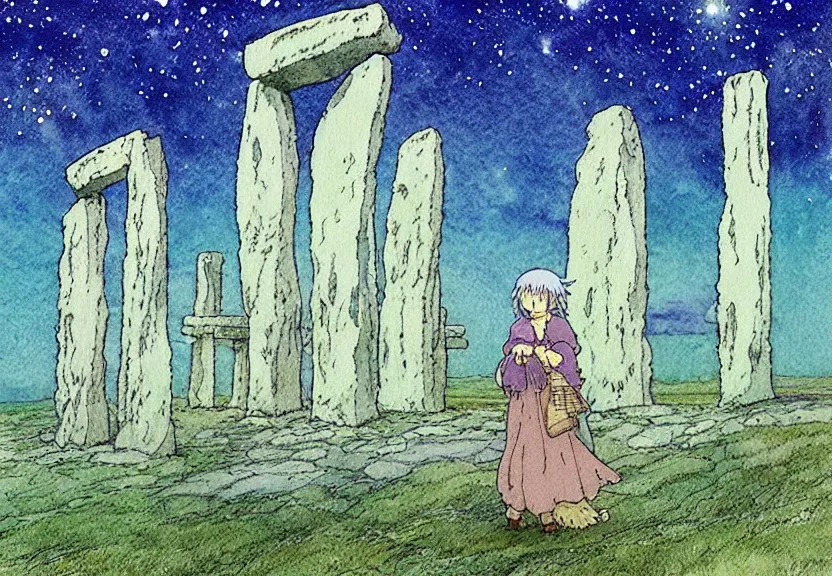 Image similar to a simple watercolor studio ghibli movie still fantasy concept art of a giant druid standing in stonehenge in the ocean. it is a misty starry night. by rebecca guay, michael kaluta, charles vess