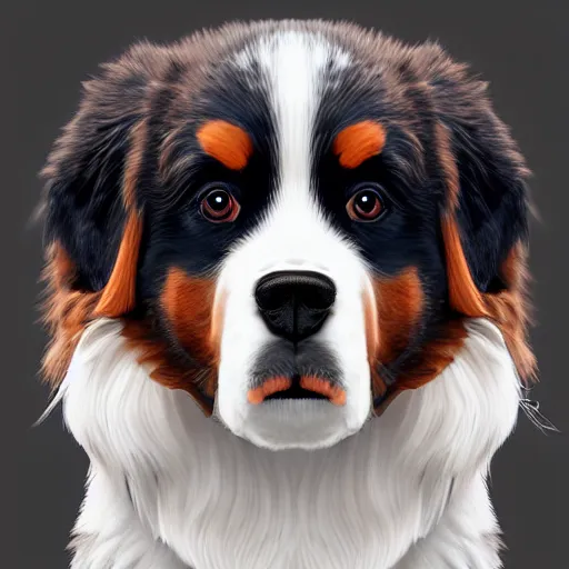 Image similar to portrait of a cute bernese dog, art by elke vogelsang, 8 k ultra realistic, trending on artstation, 4 k, hyperrealistic, focused, extreme details, unreal engine 5, cinematic, masterpiece