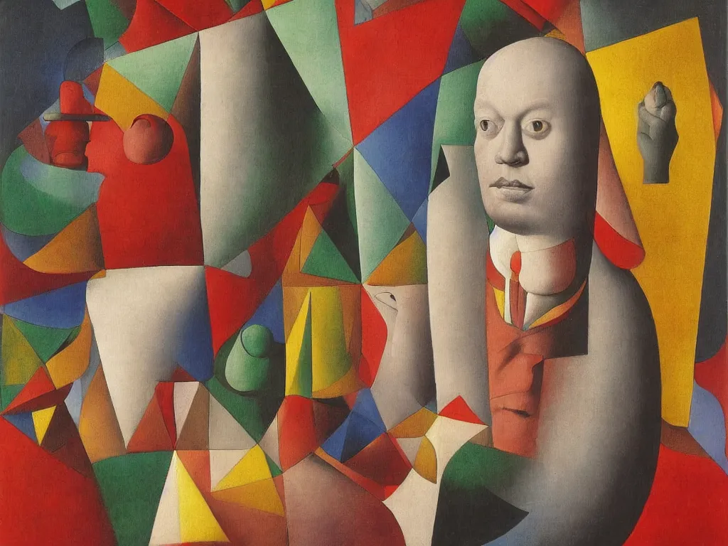 Prompt: Portrait of albino mystic, with beautiful colored wrinkled sheets of paper, geometric masks. Painting by Jan van Eyck, Rufino Tamayo, Matisse, Rene Magritte, Agnes Pelton, Max Ernst, Walton Ford