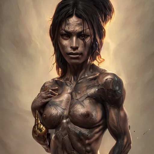 Image similar to portrait painting of a muscular dark elf female sweaty thighs, tattooed, scars, ultra realistic, concept art, intricate details, eerie, highly detailed, photorealistic, octane render, 8 k, unreal engine. art by artgerm and greg rutkowski and alphonse mucha