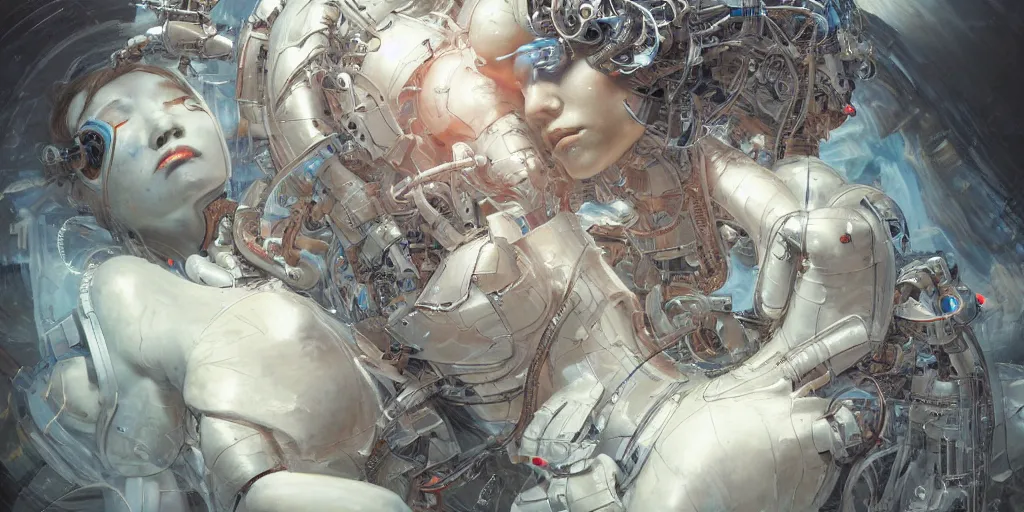 Image similar to hyperrealistic photography of a gorgeous cyborg constructing a human birthing machine in the style of Jin Kagetsu, James Jean and wlop, highly detailed, masterpiece, award-winning, sharp focus, intricate concept art, ambient lighting, 8k, artstation