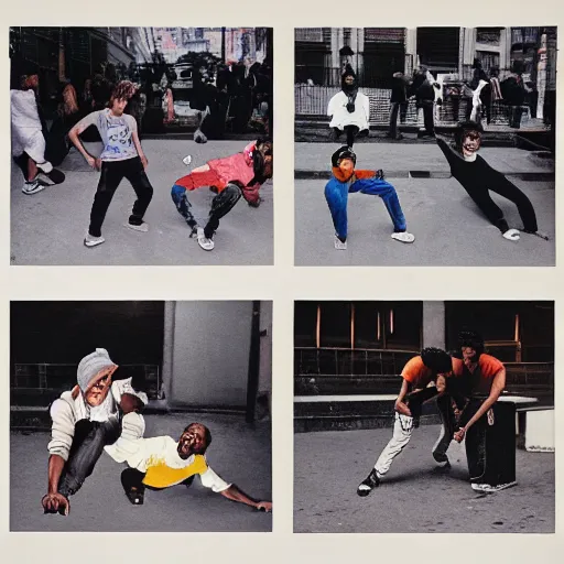 Prompt: four breakdancers battling in the bronx in 1984, by Andy Warhol, gritty, energetic, photographic, trending on artstation