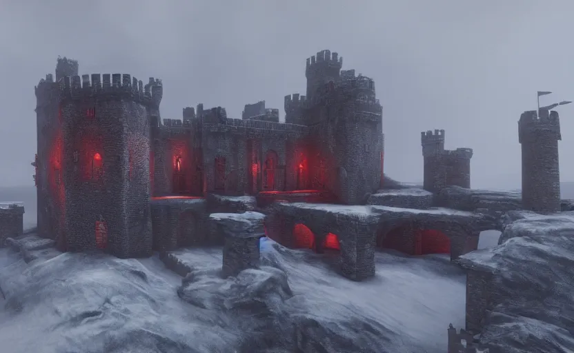 Prompt: Red Castle in Game of Thrones besides the sea in the snowstorm at night, doomy, Unreal Engine, cinematic photography, highly-detailed, games of thrones, HBO, high resolution, 8k, photorealistic, stunning volumetric lighting