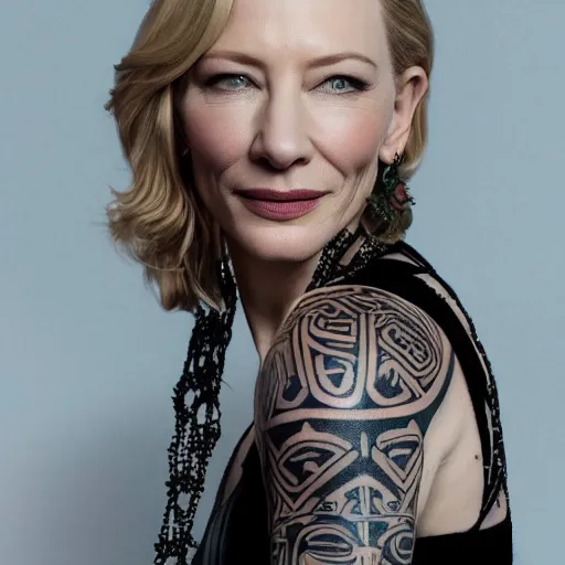 Image similar to high resolution image of cate blanchett with full body maori tattoos , highly detailed, photorealistic, 4k