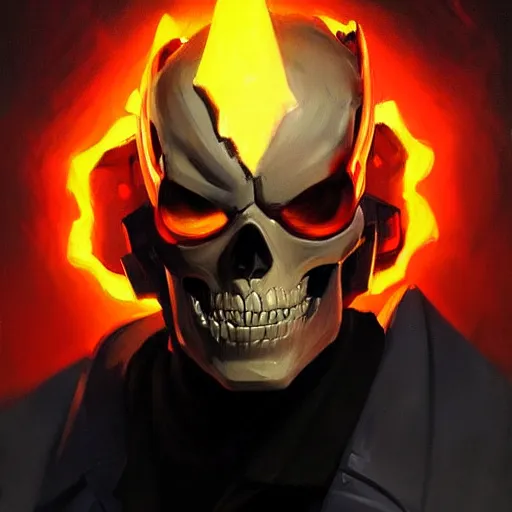 Image similar to greg manchess portrait painting of ghost rider as overwatch character, medium shot, asymmetrical, profile picture, organic painting, sunny day, matte painting, bold shapes, hard edges, street art, trending on artstation, by huang guangjian and gil elvgren and sachin teng