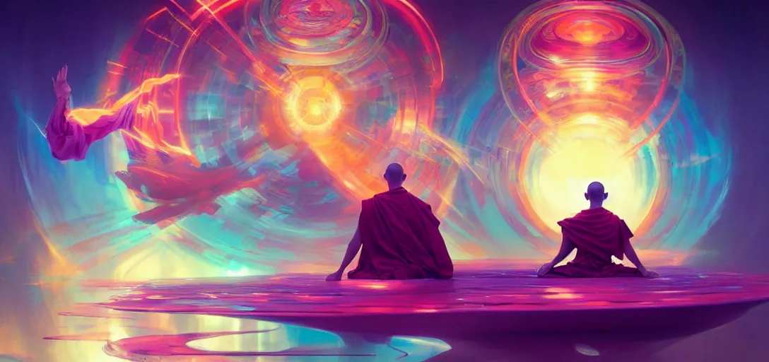 Image similar to a floating monk meditating, channeling swirling energy, wearing netrunner clothing, vaporwave aesthetic, colorful, psychedelic, digital painting, artstation, concept art, smooth, sharp focus, illustration, art by artgerm and greg rutkowski and alphonse mucha