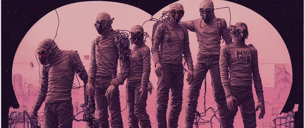 Prompt: detailed grainy risograph, last human on earth, meet the wolfs gang fraction, photo group, detailed full body proportion, detailed composition, 8 k, 6 0 0 mm photograph, detailed gask mask, detailed cyberpunk, detailed vivid colors, by detailed moebius and lehr paul and kim jung gi art style