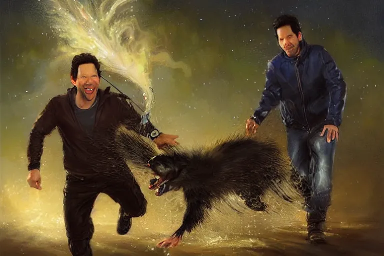 Image similar to paul rudd chasing a skunk late night, an oil painting by ross tran and thomas kincade