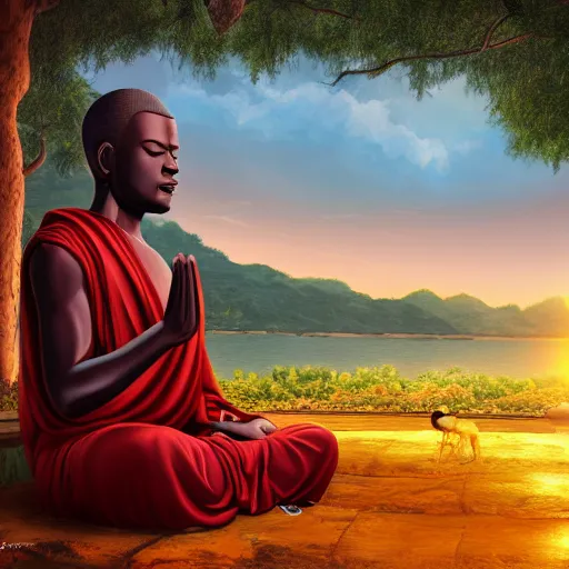 Prompt: contented peaceful nigerian!! buddha, praying meditating, in a scenic environment, detailed, golden hour, realism, artstation trending, digital art