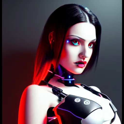 Image similar to an immaculate octane redshift high key lighting headshot rendering of an attractive curvy cybernetic goth woman with embedded LEDs, a cybernetic eye, and an exoskeleton.