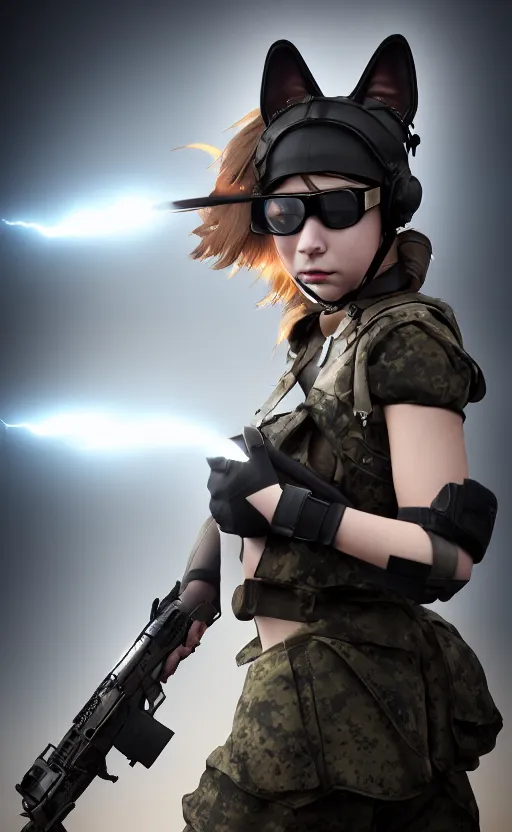 Prompt: highly detailed, high resolution, photograph of a young woman, stunning, volumetric lightning, realistic guns, frontline style, matte, sharp focus, intricate, 1 5 0 mm,, realistic military gear, cat ears, combat glasses